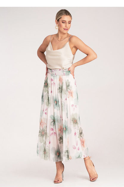 Elegant Floral Pleated Midi Skirt with High Waist Belt by Figl, showcasing a sophisticated floral pattern and a flowing design perfect for a refined wardrobe.