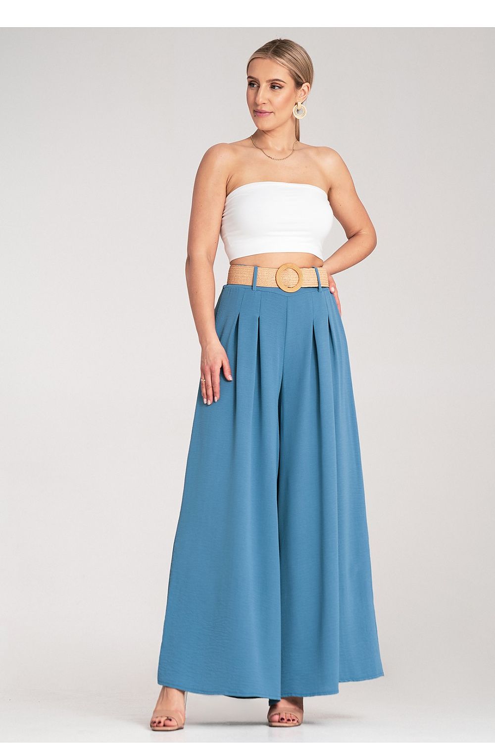 Figl luxury high-waisted trousers in EU size 0, featuring a stylish woven belt and flowy wide legs for ultimate comfort and elegance.