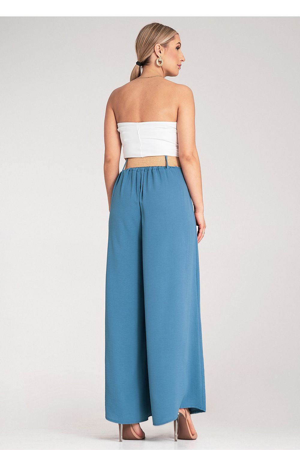 Luxury high-waisted wide trousers by Figl featuring a decorative woven belt and elegant pleats, perfect for an upscale wardrobe.
