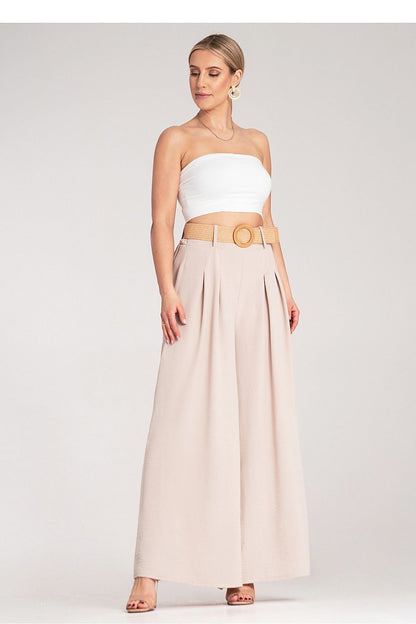 Figl luxury high-waisted wide trousers featuring a woven belt, showcasing elegant pleats and a lightweight design for sophisticated comfort.