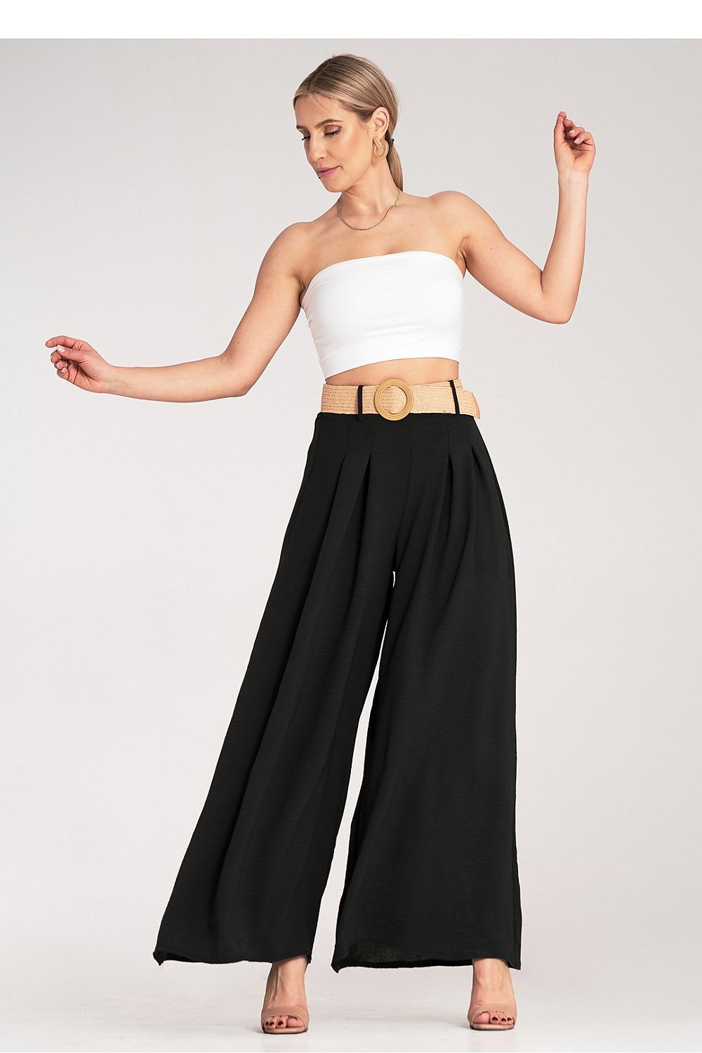 Luxury high-waisted wide trousers by Figl featuring a decorative woven belt, elegant pleats, and lightweight polyester material for supreme comfort.
