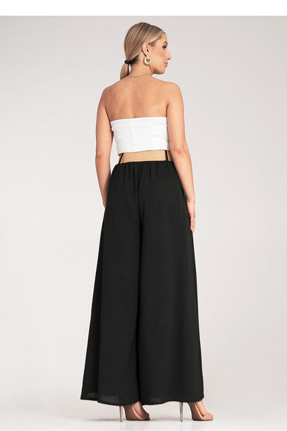 Stylish Figl wide trousers displayed from the front, showcasing a high waist design with pleats and a woven belt, perfect for elegant casual wear.