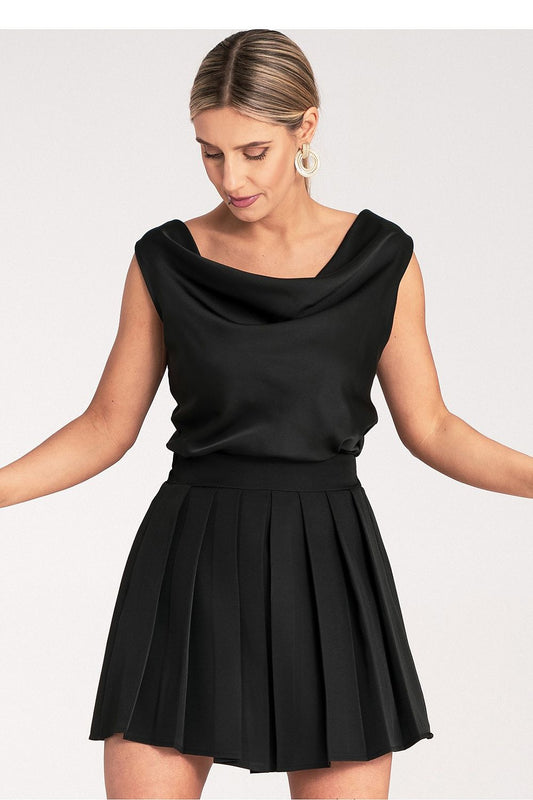 Elegant pleated mini skirt by Figl featuring a comfortable elastic waistband, exquisitely designed for a luxury look, available in EU S/M and US S/M.