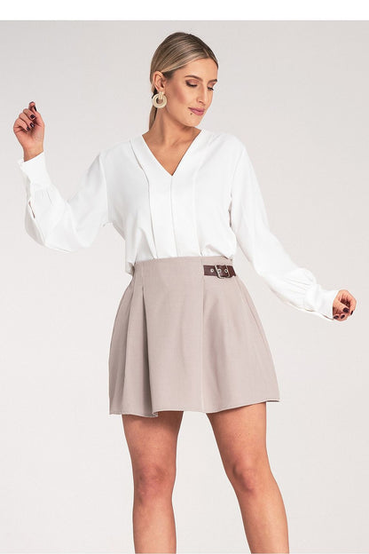 Elegant Women's Mini Skirt by Figl featuring a flared cut and elastic waistband, adorned with a stylish buckle detail, perfect for a chic and luxurious look.