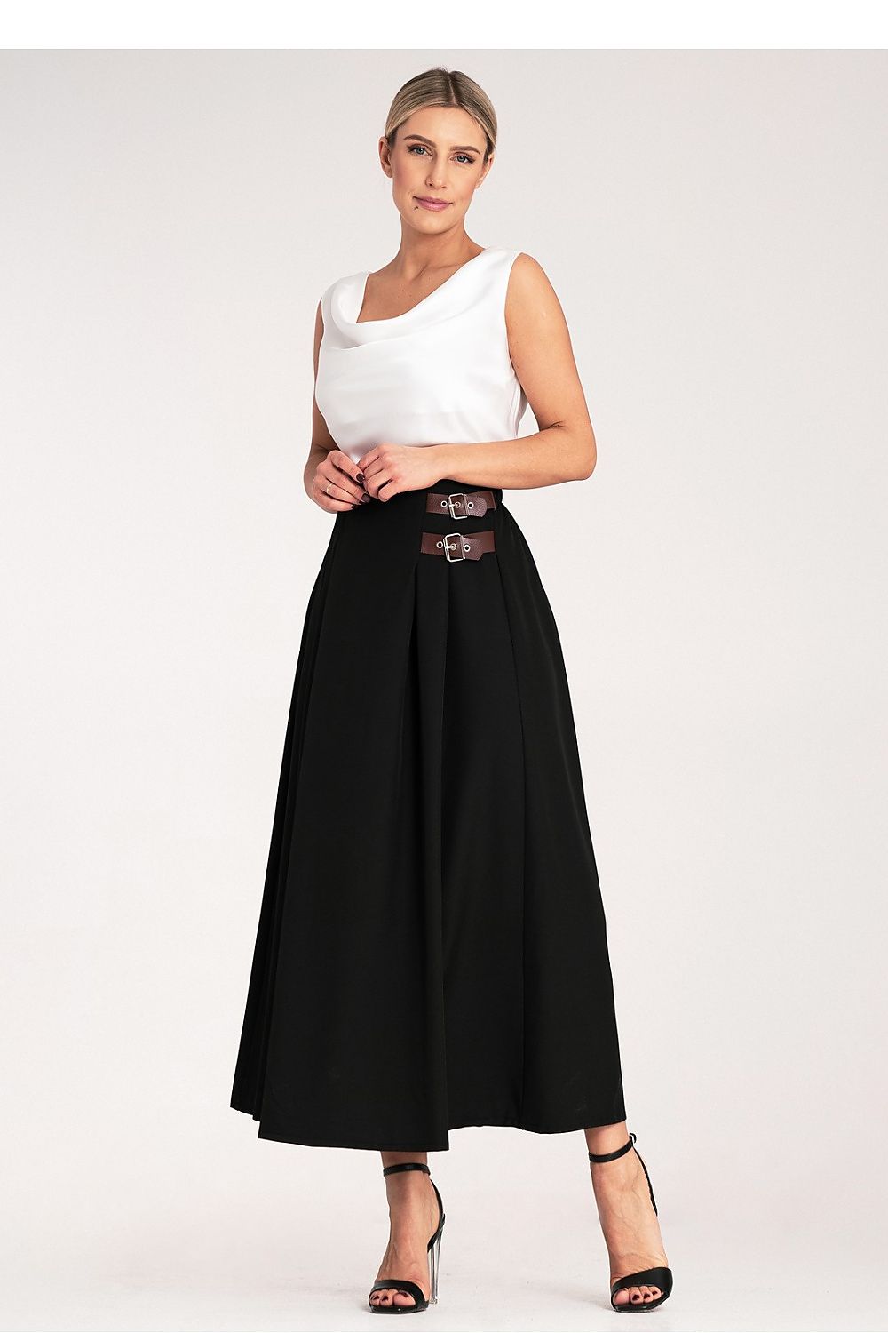 Elegant midi skirt with pleats and side straps by Figl, showcasing luxurious design and craftsmanship.