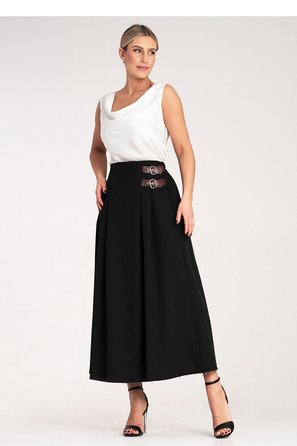 Details of the stylish side straps and buckles on the Figl midi skirt, exemplifying luxury and attention to detail.