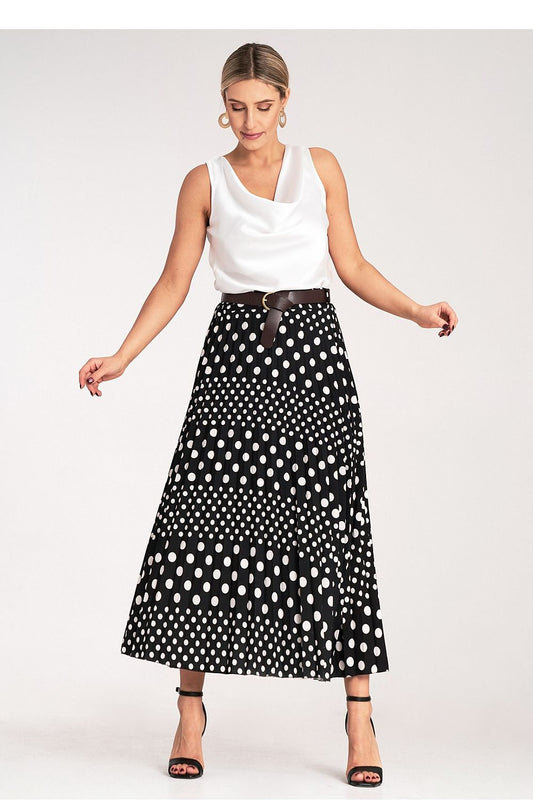 Elegant pleated midi skirt by Figl featuring a chic white polka dot pattern, designed with a high-waisted fit and stylish buckle belt, perfect for sophisticated ensembles.