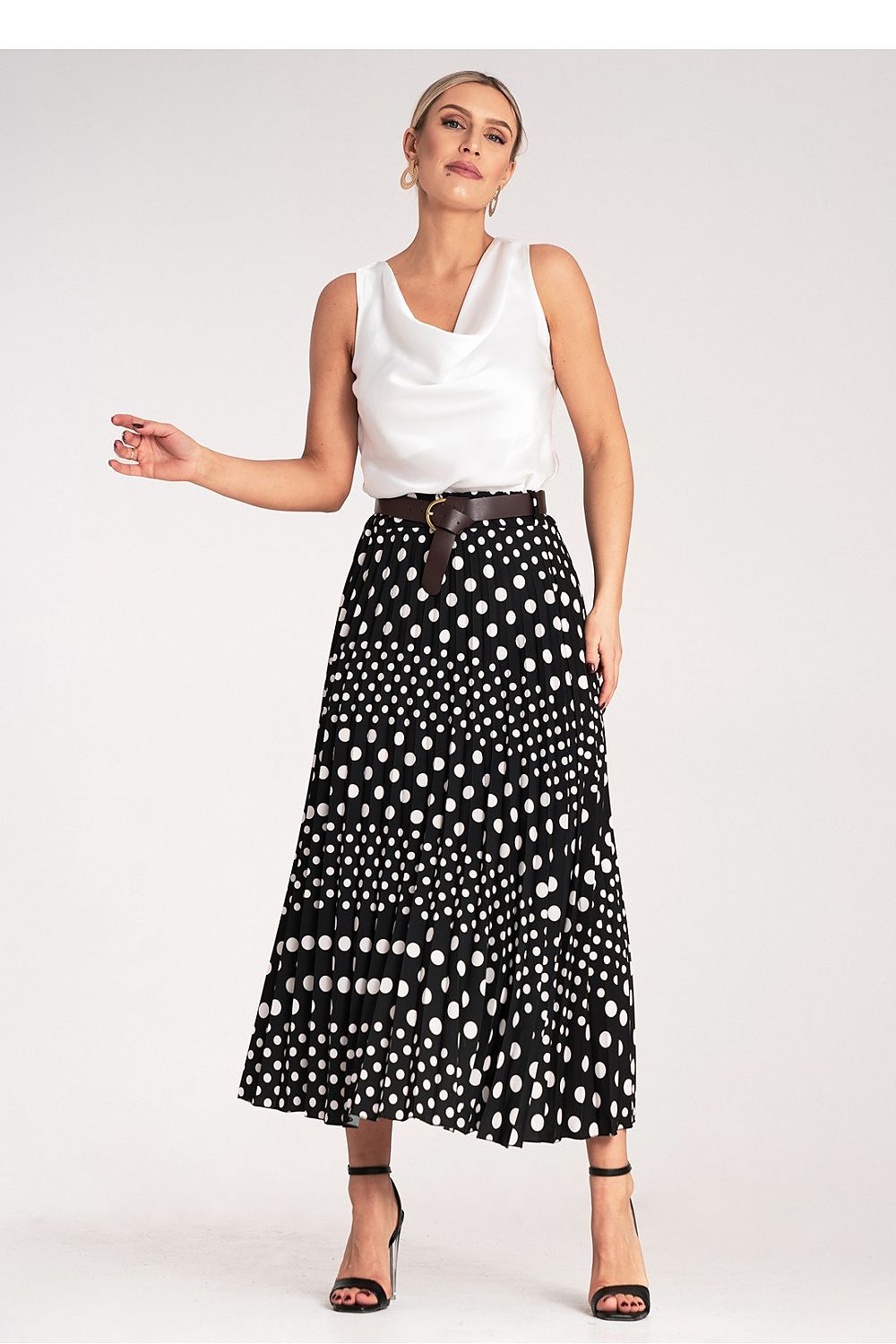 Elegant Pleated Midi Skirt by Figl with white polka dots, high-waisted design showcasing a stylish belt, perfect for chic and luxurious outfits.