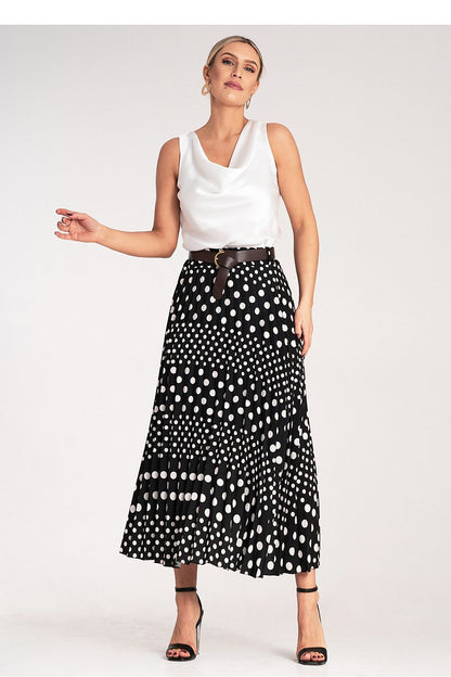 Elegant Pleated Midi Skirt by Figl with white polka dots, high-waisted design showcasing a stylish belt, perfect for chic and luxurious outfits.