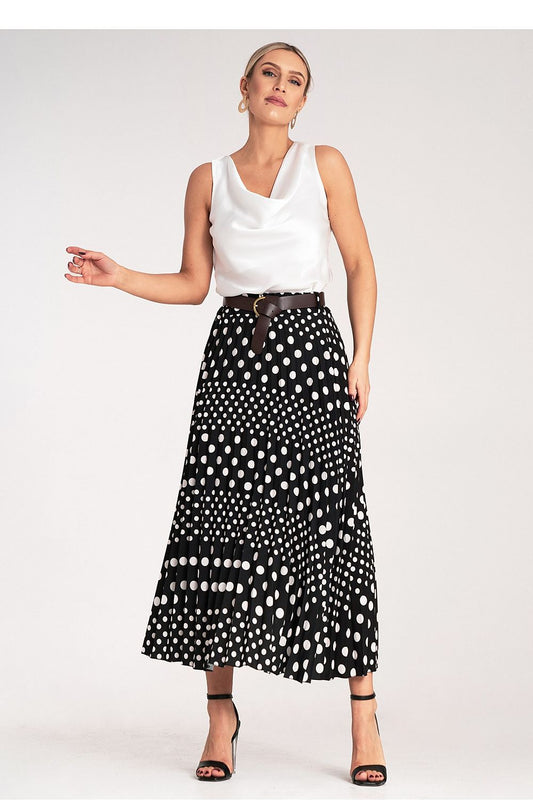 Elegant Pleated Midi Skirt by Figl with white polka dots, high-waisted design showcasing a stylish belt, perfect for chic and luxurious outfits.