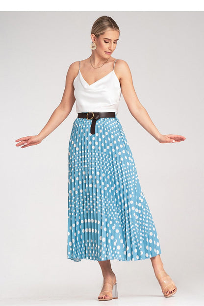 Back view of the elegant Figl pleated midi skirt, showcasing its stylish high-waisted silhouette and white polka dot detail for a timeless, luxurious look.