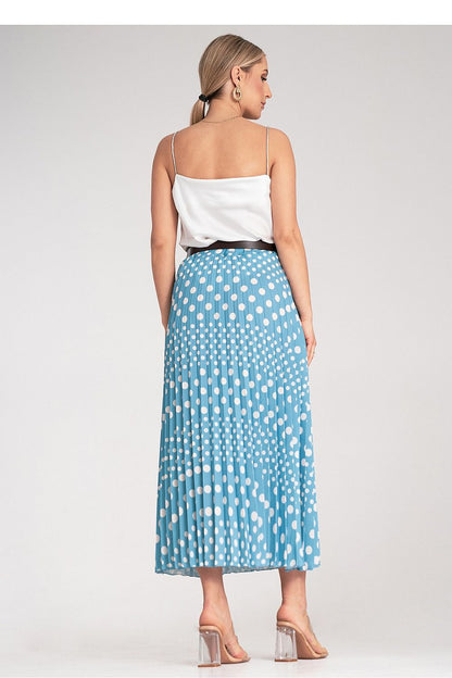 Elegant pleated midi skirt by Figl featuring a chic white polka dot pattern, perfect for high-waisted styling.