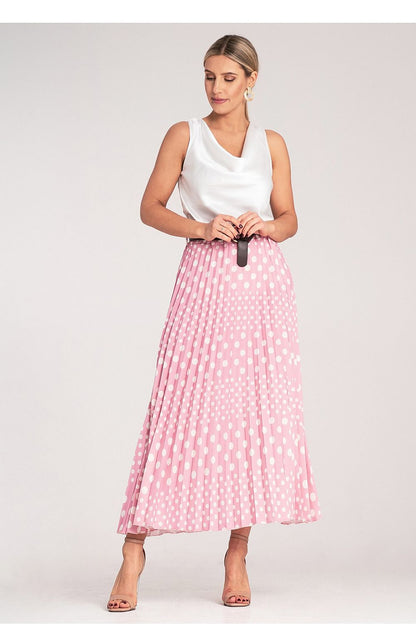 Back view of the elegant Figl pleated midi skirt, designed with a beautiful polka dot print for a modern look.