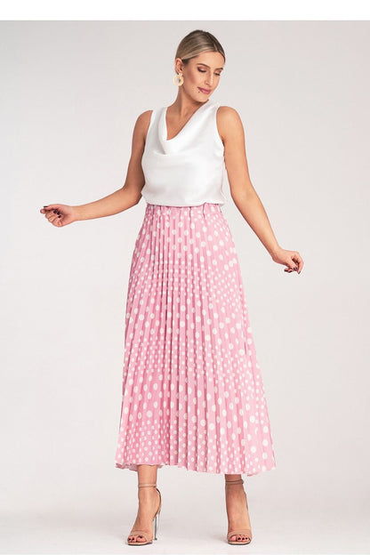 Elegant pleated midi skirt from Figl adorned with classic white polka dots, showcasing a high-waisted design.