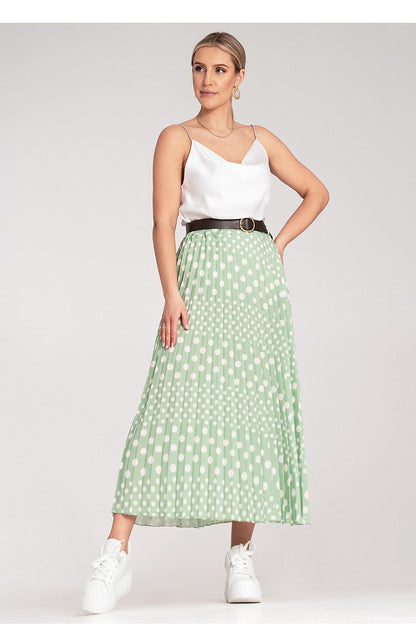 Full outfit display featuring Figl's elegant pleated midi skirt with white polka dots, perfect for sophisticated and luxurious styling.