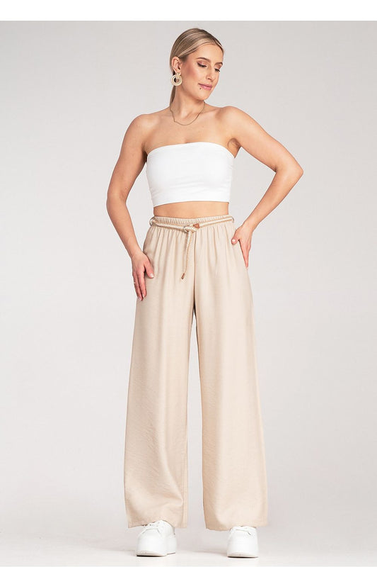 Luxury Boho women’s trousers by Figl featuring an elastic waist and braided belt, perfect for effortless elegance.