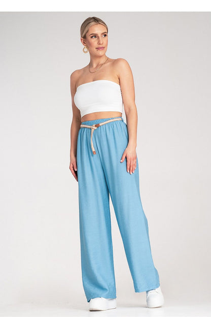 Luxury boho women's trousers by Figl featuring an elastic waist and braided belt, showcasing a natural shade design.