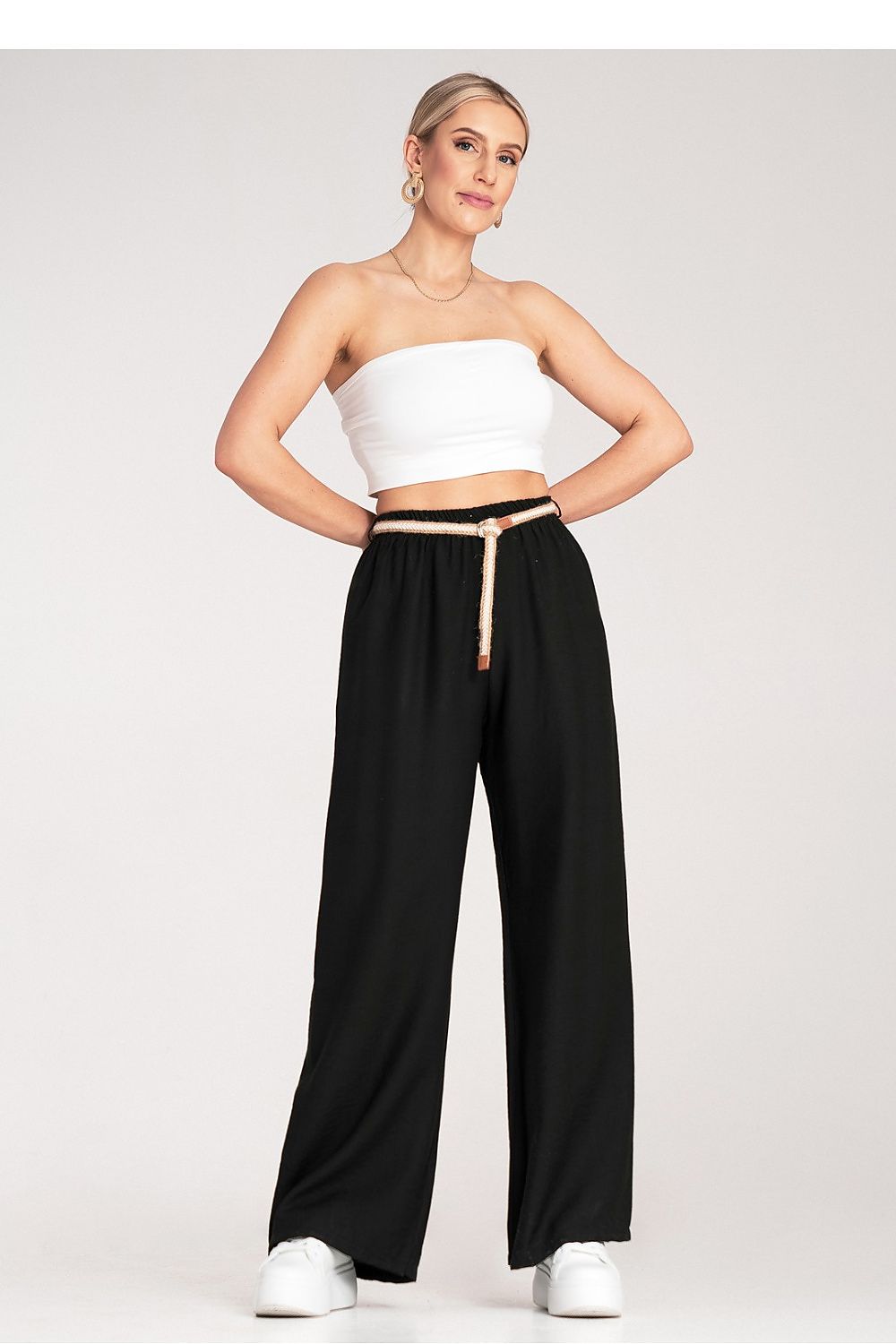 Luxury Boho Women's trousers by Figl, featuring an elastic waist and braided belt, crafted from 100% viscose in a natural shade. Perfect for a stylish and comfortable look.