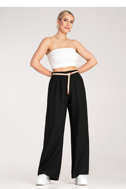 Luxury Boho Women's trousers by Figl, featuring an elastic waist and braided belt, crafted from 100% viscose in a natural shade. Perfect for a stylish and comfortable look.