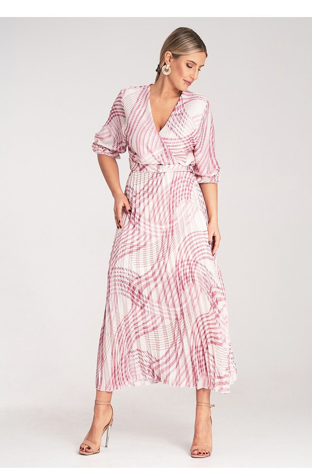 Elegant satin leopard print maxi dress by Figl featuring a chic wrap neckline and long sleeves, perfect for sophisticated evening wear.