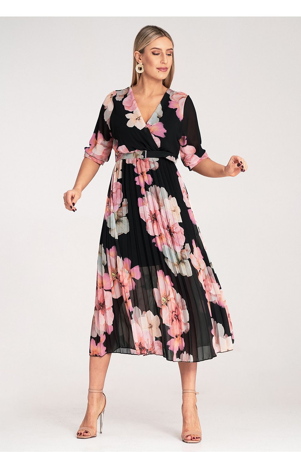 Elegant floral print midi dress from Figl featuring a chic wrap neckline, exquisite pleats, and a stylish belt to accentuate the waist, perfect for sophisticated occasions.