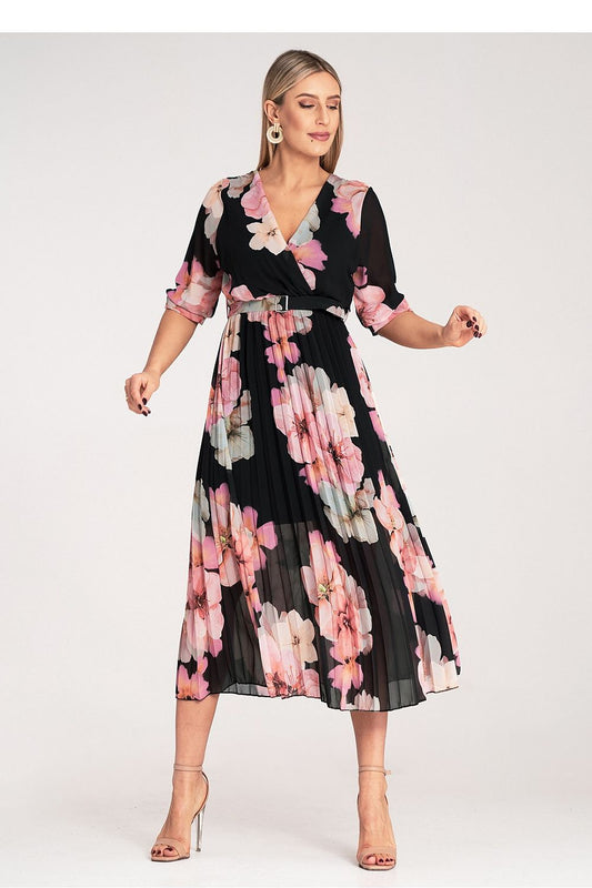 Elegant floral print midi dress from Figl featuring a chic wrap neckline, exquisite pleats, and a stylish belt to accentuate the waist, perfect for sophisticated occasions.