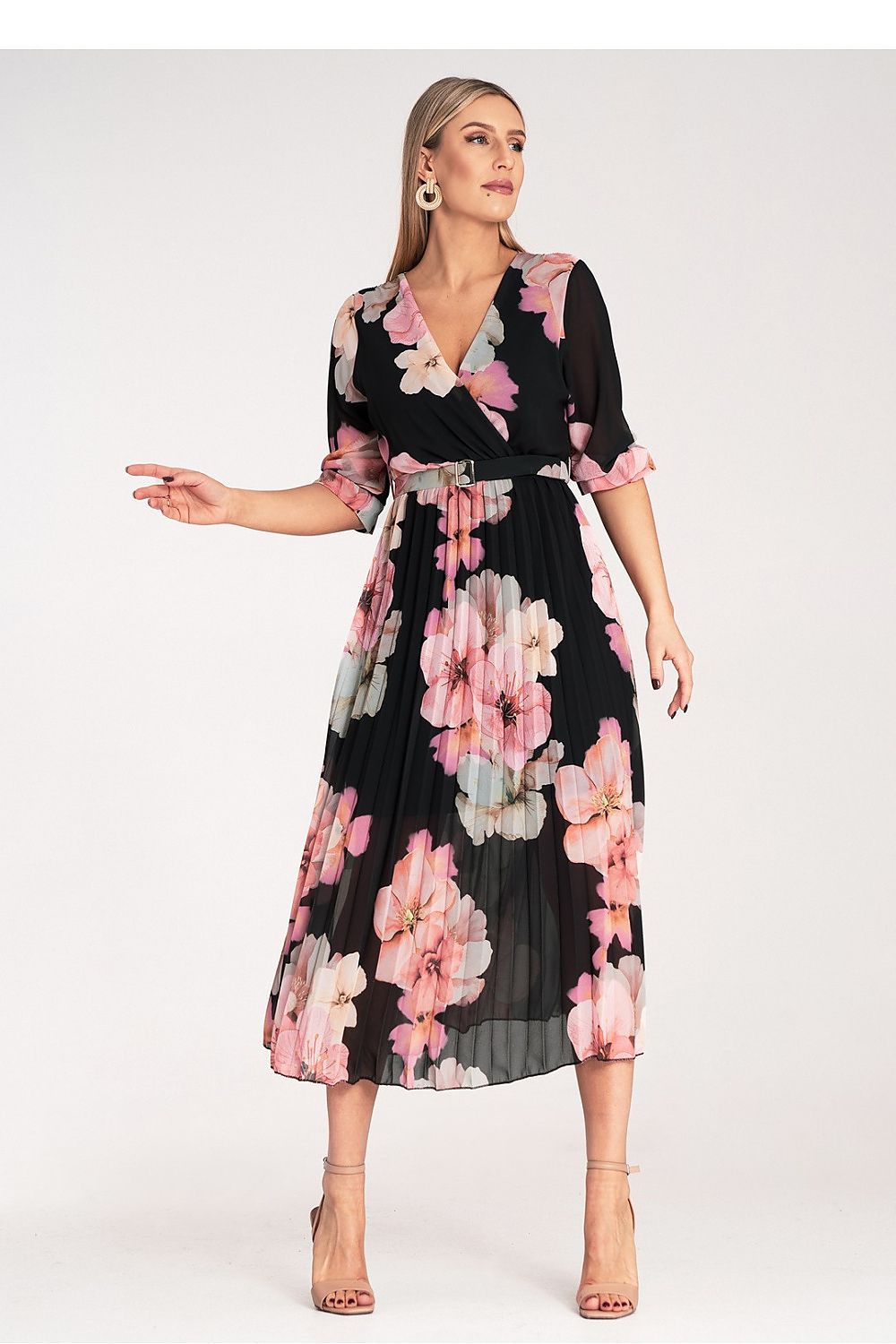 Elegant Floral Print Midi Dress by Figl featuring a sophisticated wrap neckline and exquisite pleats, perfect for upscale occasions.