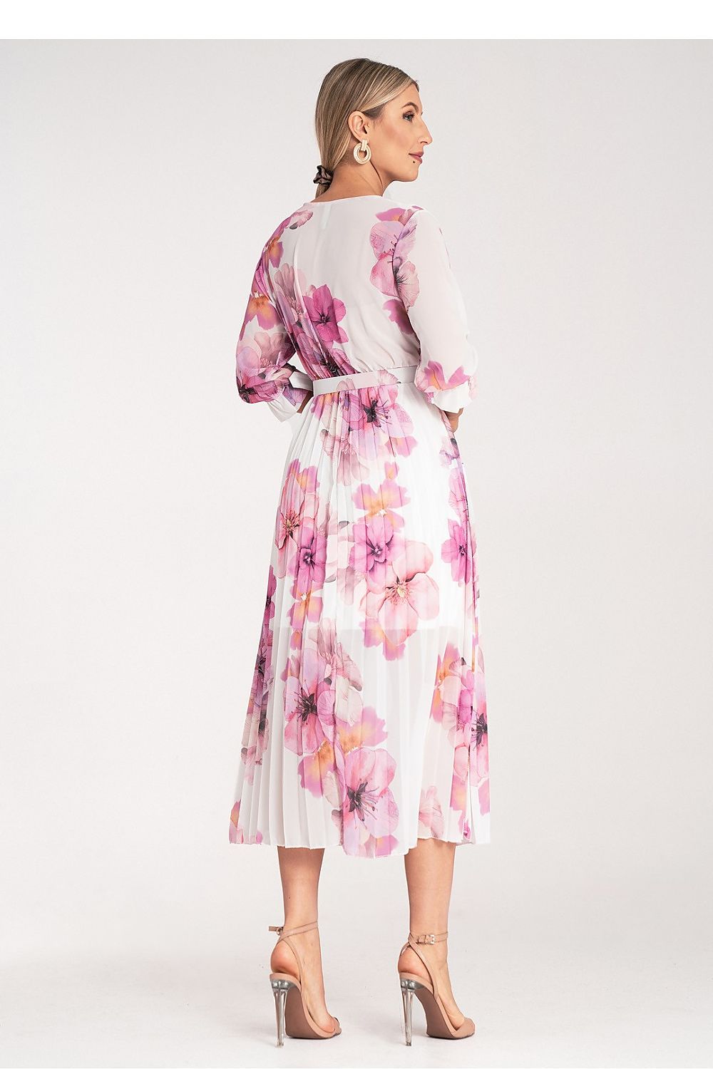 Elegant floral print midi dress by Figl featuring pleats, a wrap neckline, and stylish belt, designed for a sophisticated look.