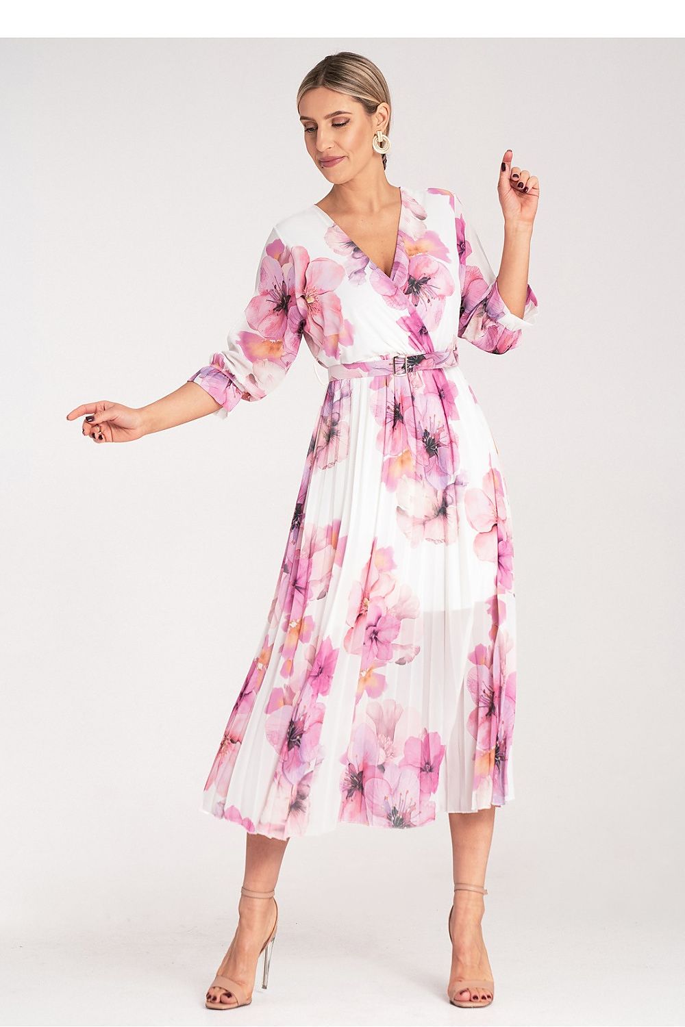 Chic 3/4 sleeve floral midi dress by Figl with delicate ruching and elastic waistband, perfect for upscale occasions.