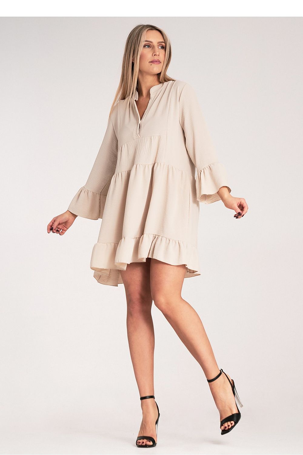 Stylish Figl Loose Ruffle Daydress in EU S/M size, designed with a stand-up collar and crafted from premium polyester for a luxurious feel.