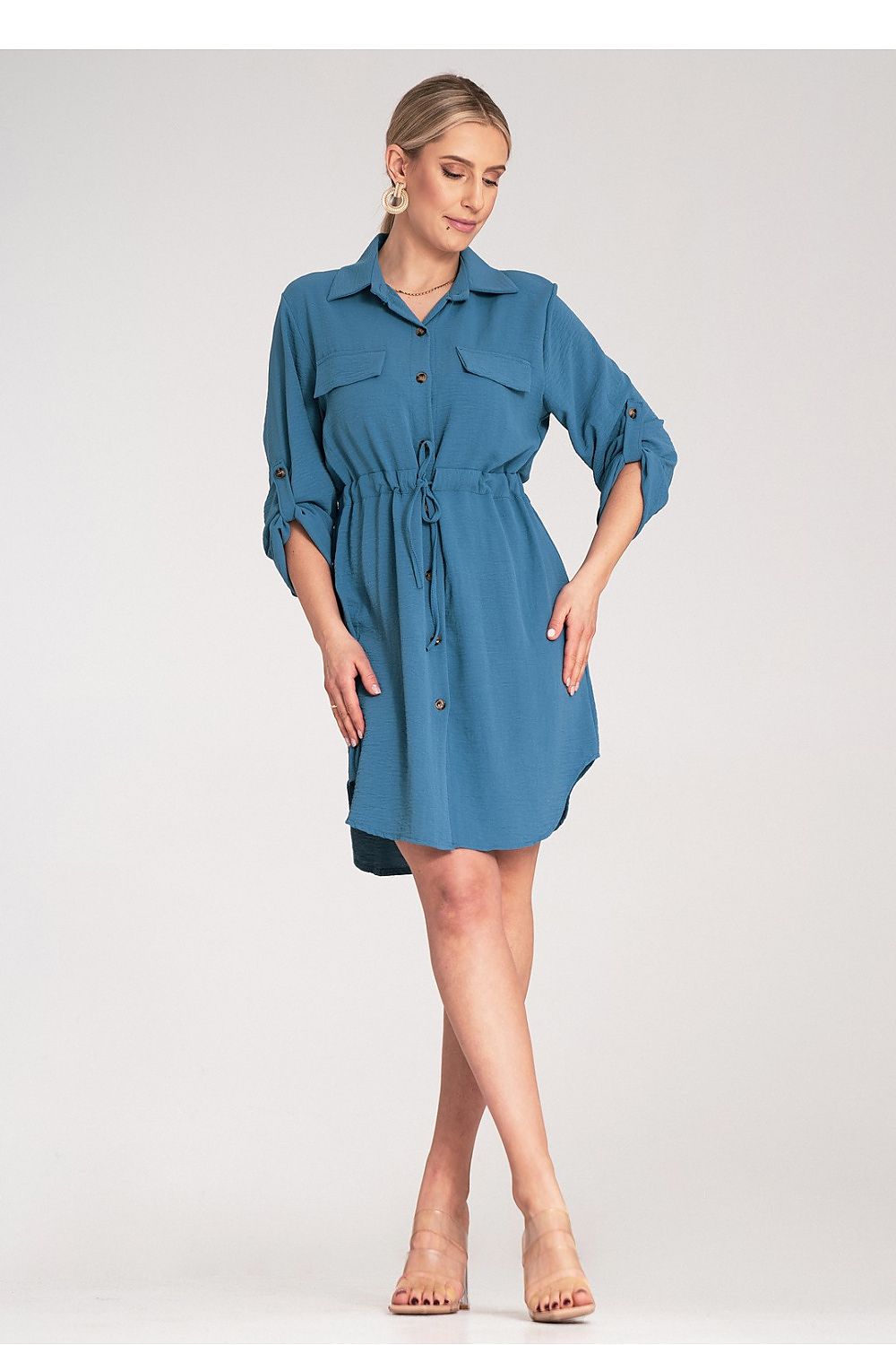 Sophisticated Figl Button-Up Shirt Dress with versatile adjustable sleeves and waist tie, exuding luxury in size EU S/M | US S/M.
