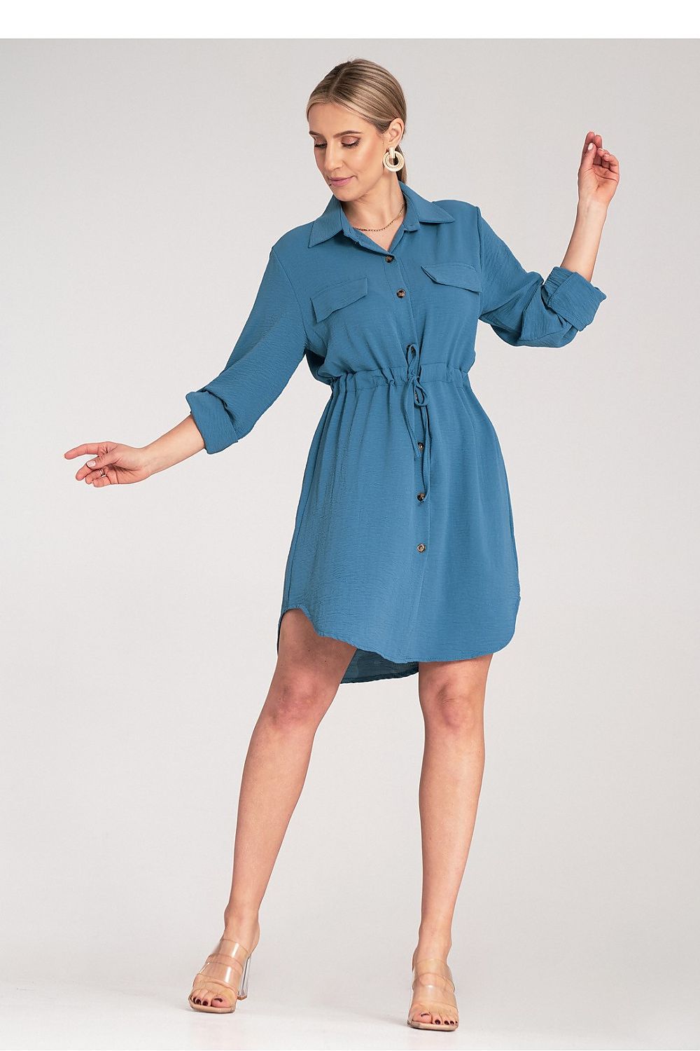 Stylish Figl Classic Button-Up Dress showcasing a refined design with adjustable sleeves and a flattering waist tie, available in EU S/M | US S/M.
