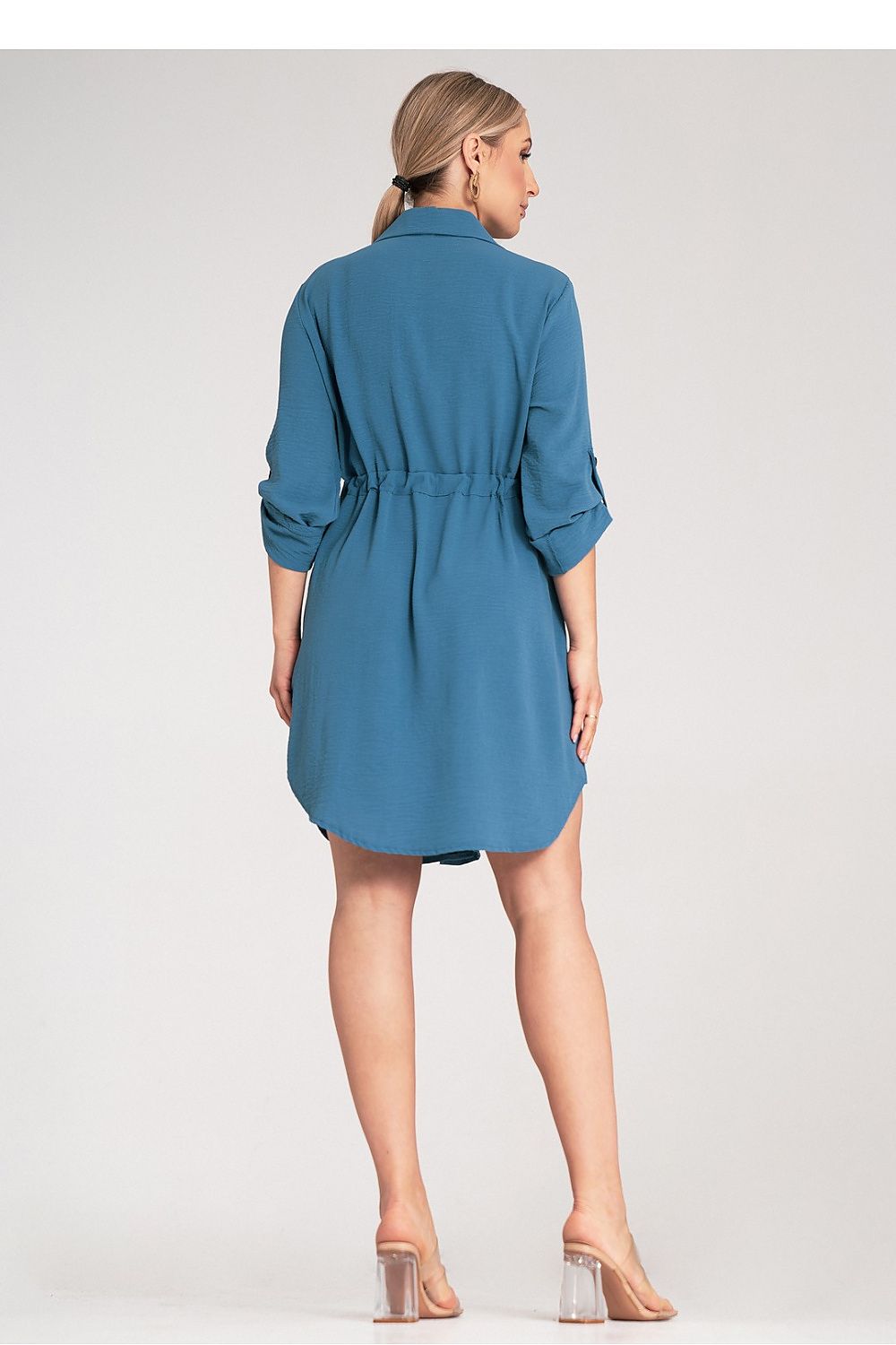 Chic Figl Classic Button-Up Shirt Dress, designed with functionality and elegance, featuring adjustable waist tie, in EU S/M | US S/M.