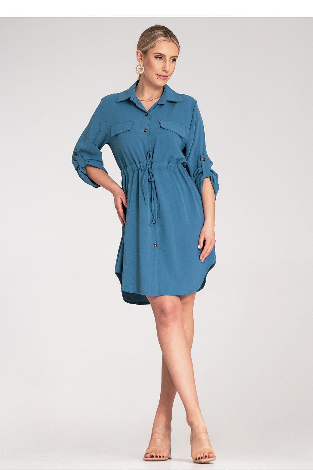 Figl Classic Button-Up Shirt Dress in EU S/M | US S/M, featuring adjustable sleeves, a waist tie, and two chest pockets, perfect for a sophisticated and stylish look.