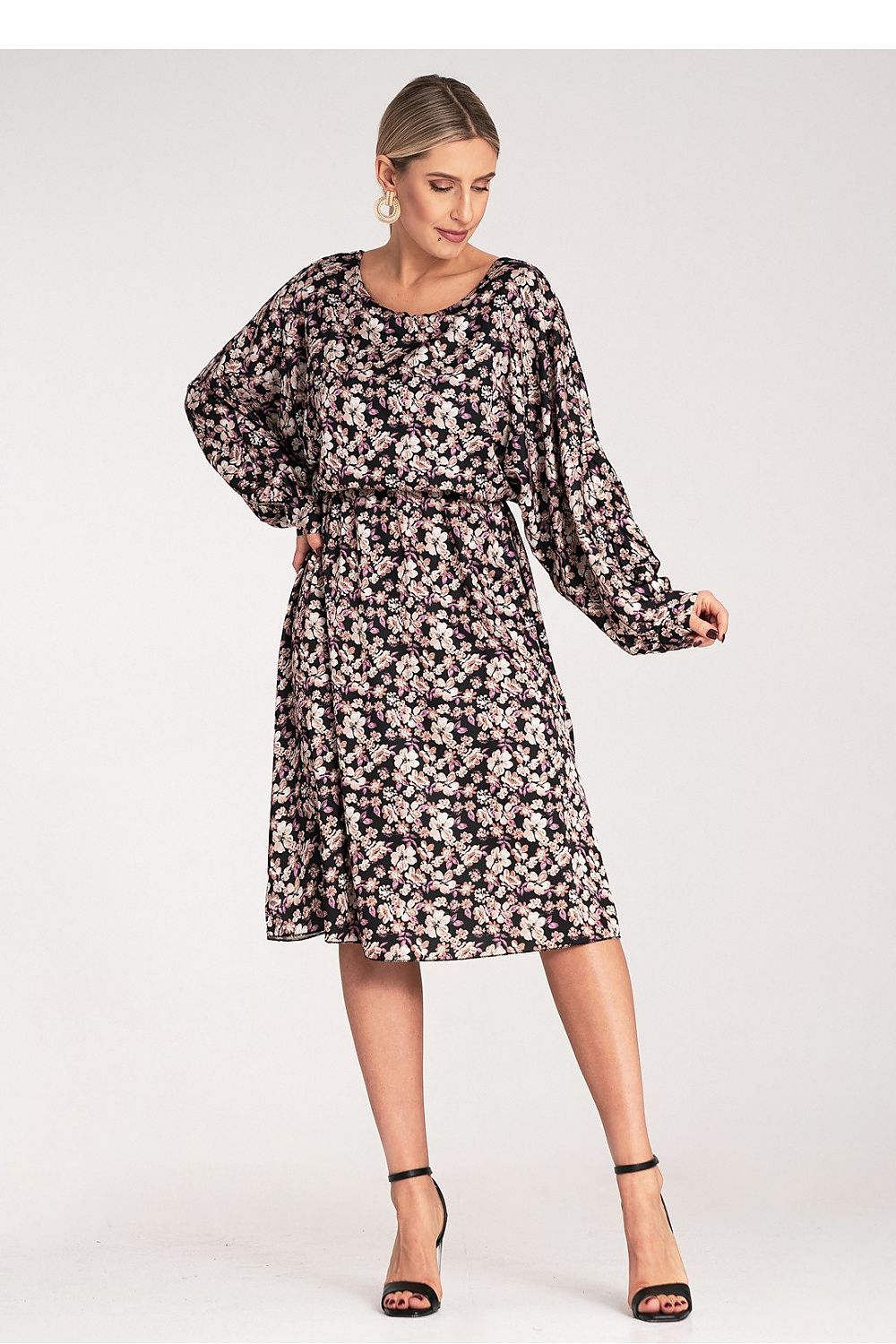 Luxury Floral Midi Dress by Figl featuring a kimono-style cut, elegant floral satin pattern, perfect for sophisticated occasions.