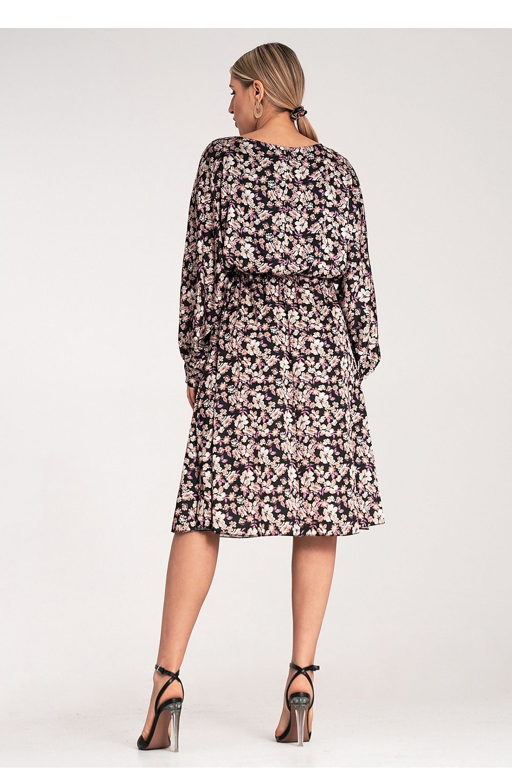 Close-up of the luxurious Floral Midi Dress by Figl showcasing the delicate fabric and intricate kimono-style sleeves.