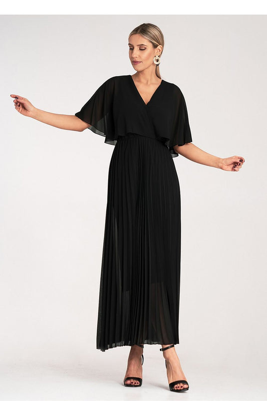 Elegant luxury maxi cocktail dress by Figl featuring semi-transparent cape sleeves and a pleated bottom, perfect for upscale events.