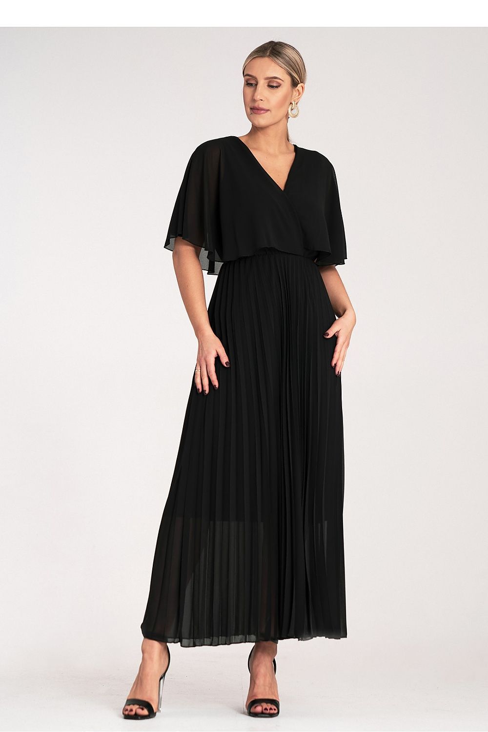 Stylish back view of the Figl luxury maxi cocktail dress, emphasizing the elegant draping of cape sleeves and tailored fit.
