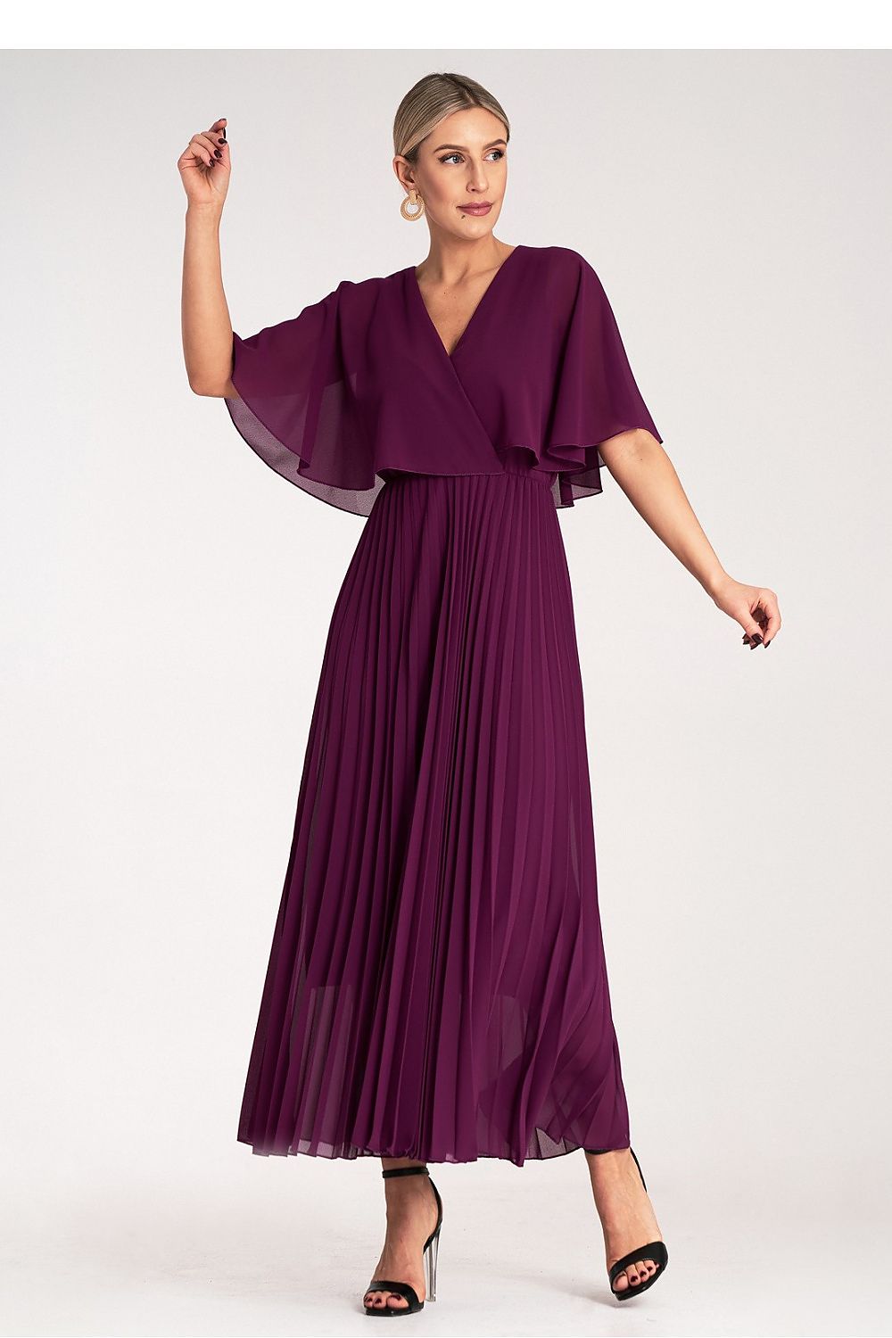 Luxury Maxi Cocktail Dress by Figl featuring elegant cape sleeves and a pleated skirt, perfect for sophisticated occasions.
