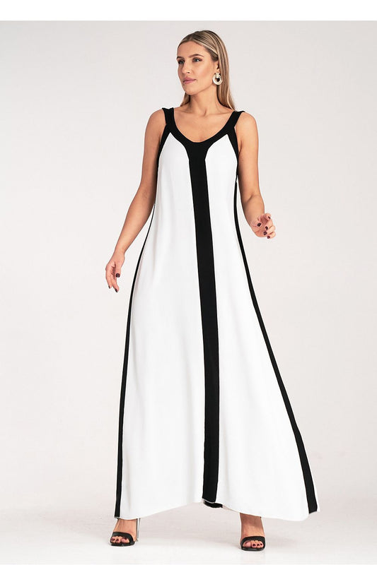 Luxurious Figl maxi dress featuring a striking contrasting black and white pattern, elegantly designed with a V-neckline, perfect for sizes S-XL.