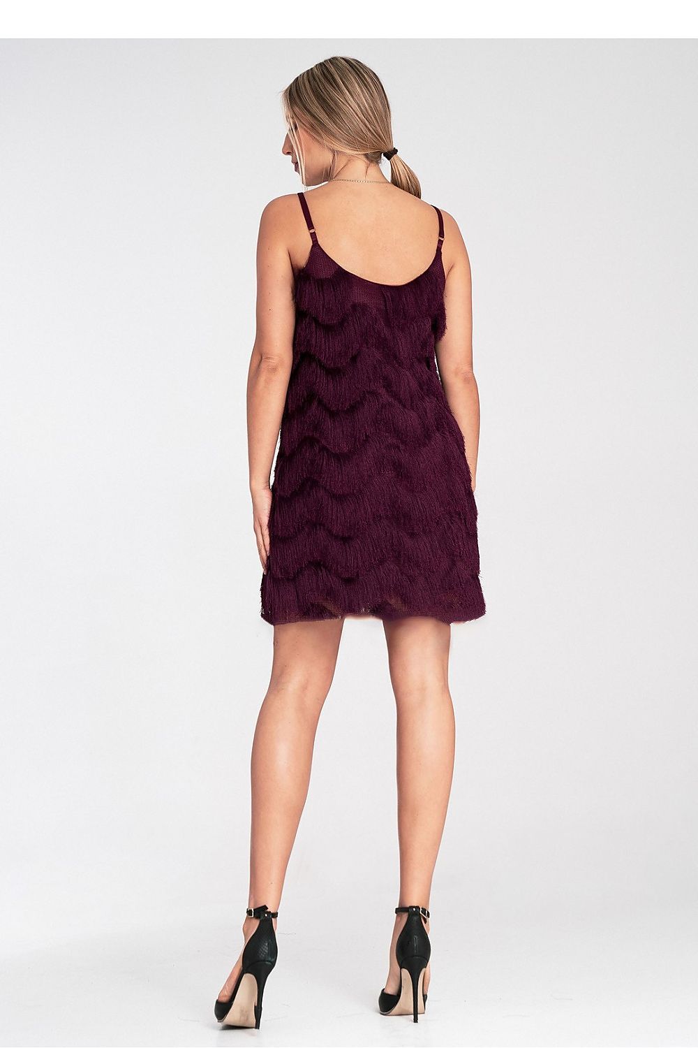 Premium quality Figl evening dress with elegant decorative fringes, designed for comfort and glamour with adjustable straps and a lined finish.