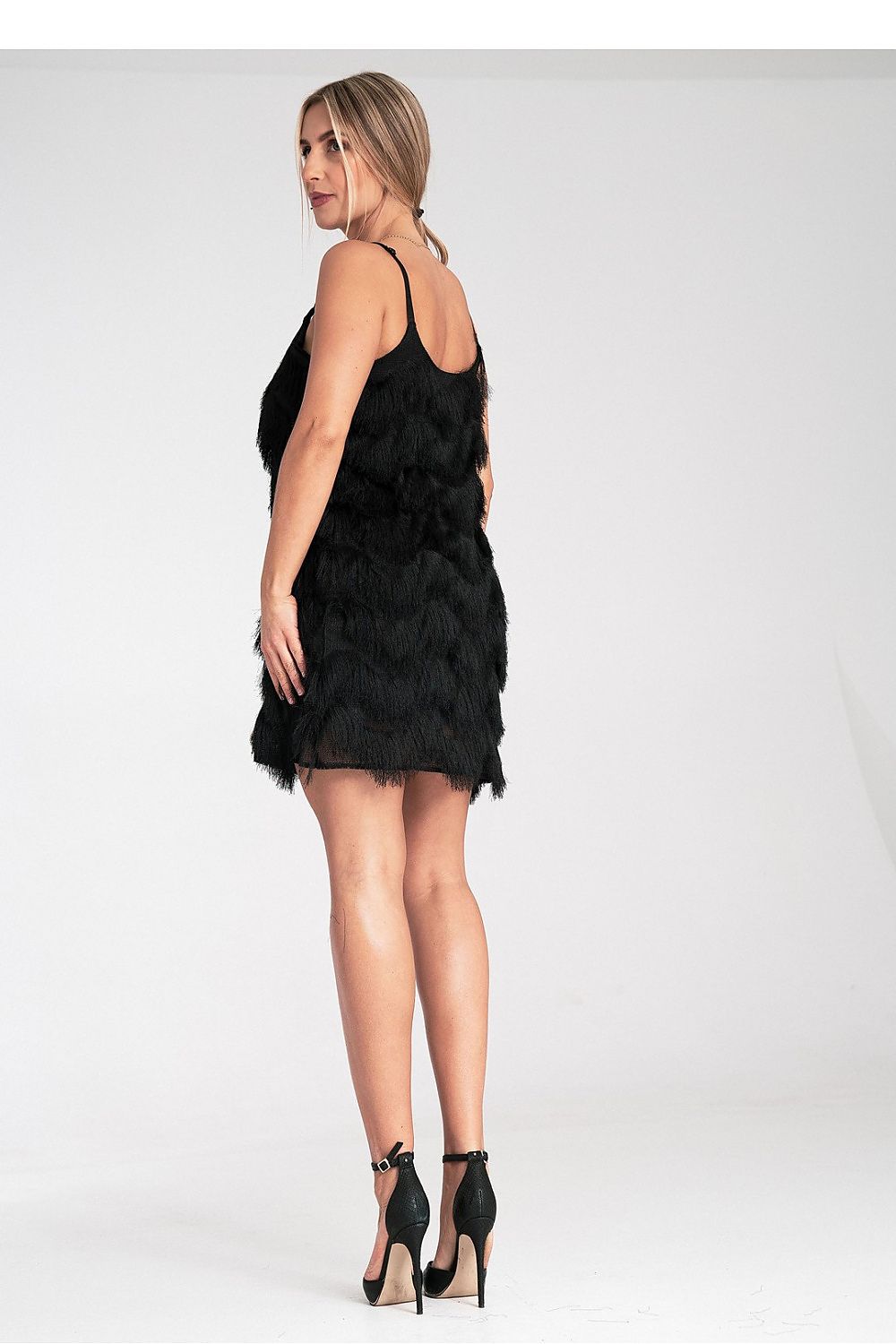 Detail view of Figl luxury maxi evening dress fabric, made from 95% polyester and 5% spandex for a comfortable, flattering fit.