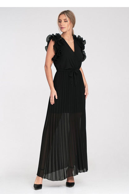 Elegant Figl maxi dress in vibrant fabric, featuring ruffled shoulders and a pleated flared hem, tailored for US S/M and EU S/M sizes, perfect for sophisticated occasions.