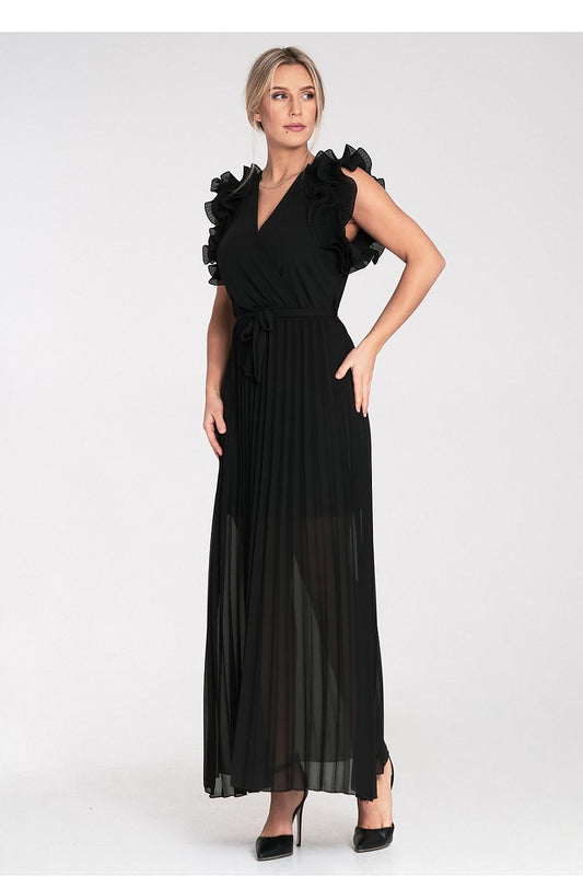 Elegant Figl maxi dress featuring ruffled shoulders and a pleated flared hem, showcasing luxurious design for sizes EU S/M | US S/M.
