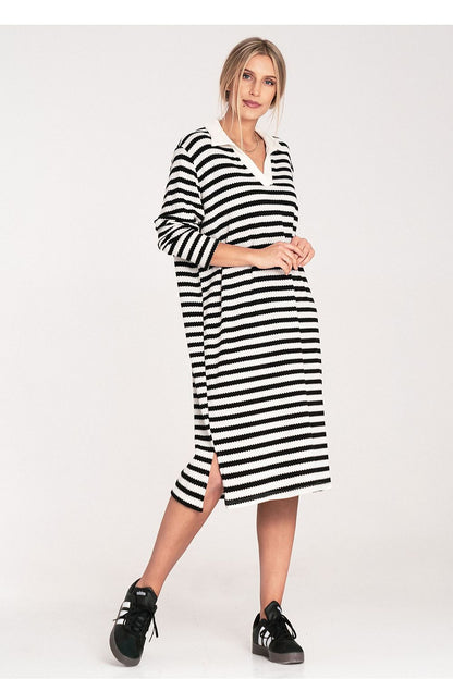 Elegant Figl knitted striped daydress featuring a stylish collar and long sleeves, perfect for sophisticated casual wear.