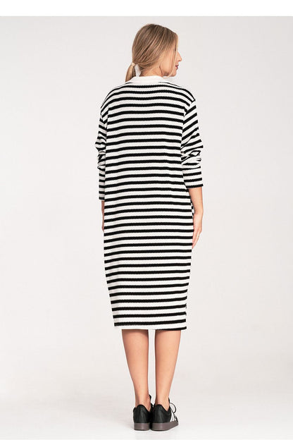 Luxurious striped daydress by Figl, showcasing an elegant design with a flattering fit and comfortable long sleeves.