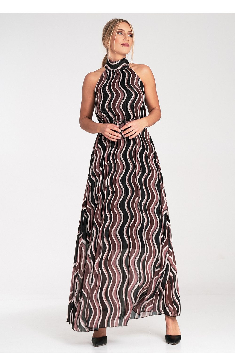 Side view of the elegant Figl Maxi Dress featuring a tied neckline and additional waist belt, perfect for stylish occasions.