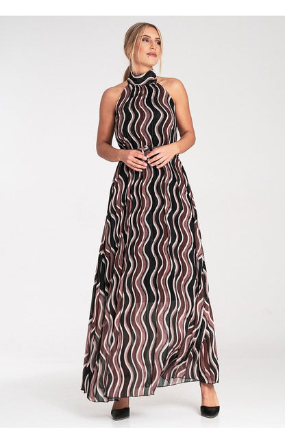 Side view of the elegant Figl Maxi Dress featuring a tied neckline and additional waist belt, perfect for stylish occasions.