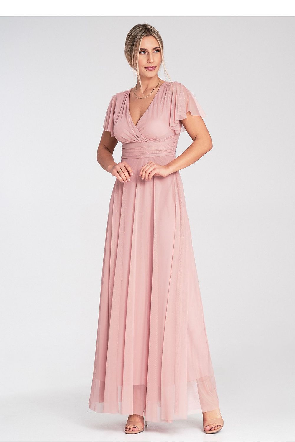 Elegant Figl mesh midi dress featuring a sweetheart neckline and fluttery butterfly sleeves, perfect for elegant occasions.