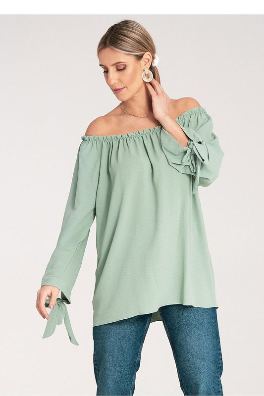 Elegant Figl blouse featuring exposed shoulders and decorative lacing, exemplifying luxury fashion with a wide, pleated neckline in EU size 0.
